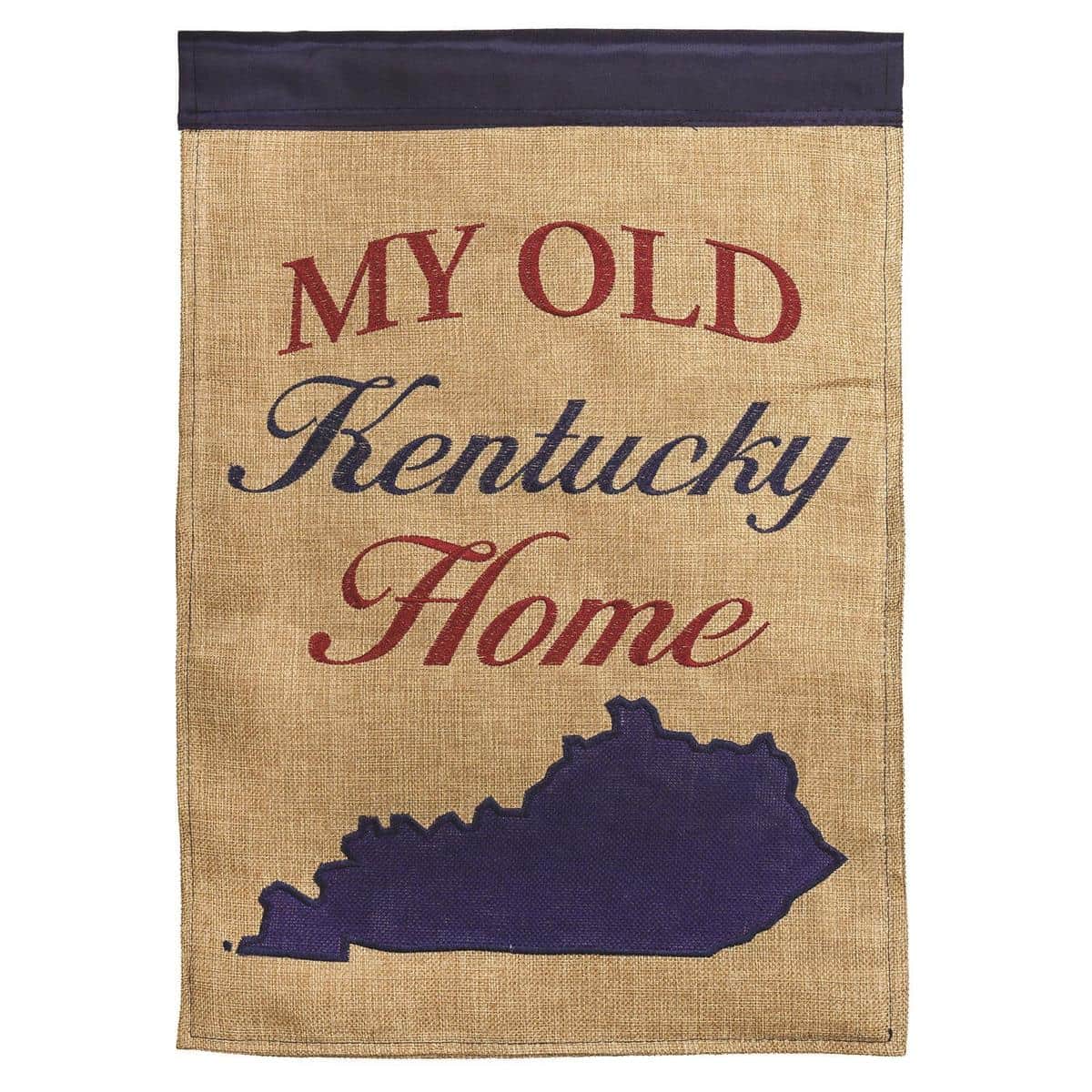 Kentucky Home banner flag 29x42 double applique with bold state name and decorative accents shown hanging on a porch pole, highlighting stitched applique details and vibrant colors.