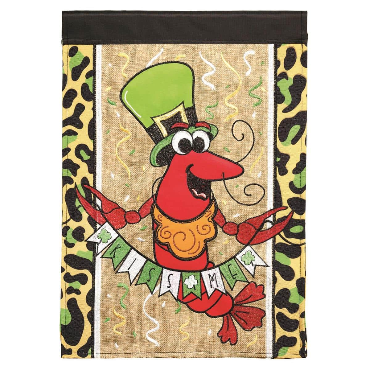 Kiss Me Crawfish Burlap Garden Flag showing a red crawfish with shamrocks and the "Kiss Me" phrase on a rustic burlap background, sized 13x18 for standard garden poles.