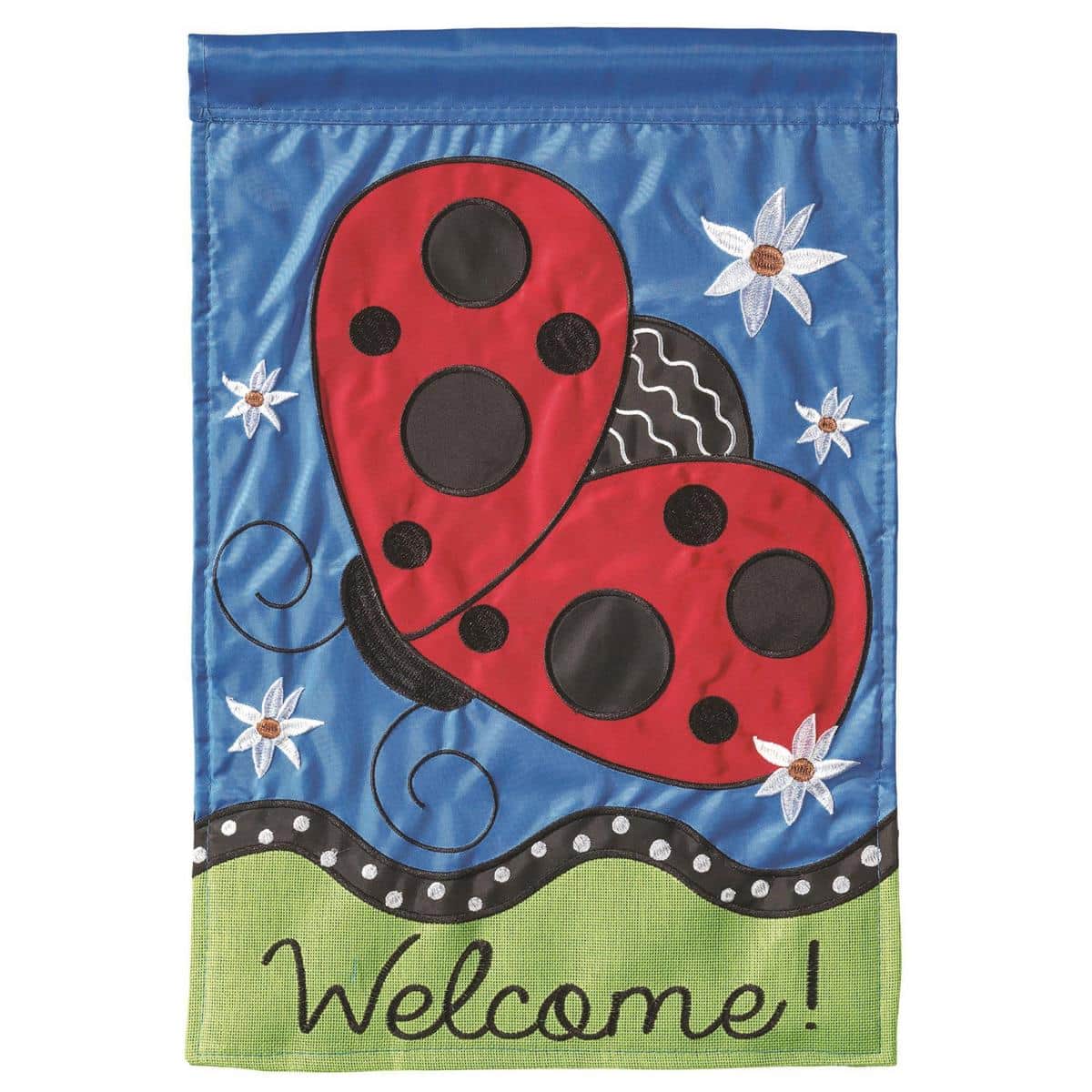 13x18 burlap garden flag showing a red ladybug among flowers with a Welcome message, double applique details, readable on both sides, rustic tan background.