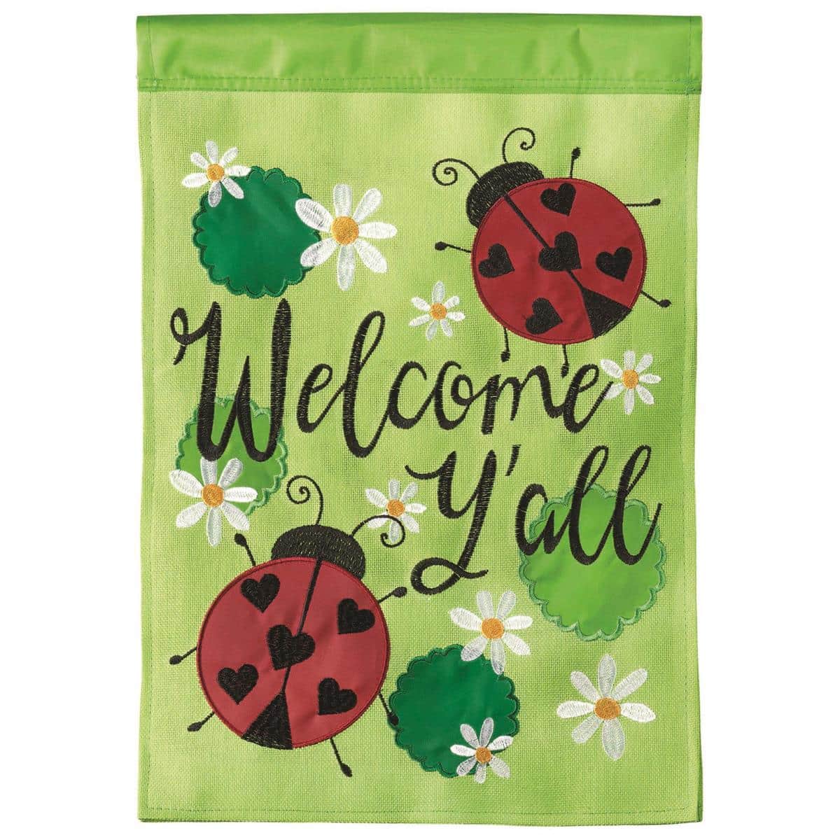 13x18 Ladybug Welcome Yall burlap garden flag with red ladybug on flowers and 'Welcome Yall' text for porch or garden display.