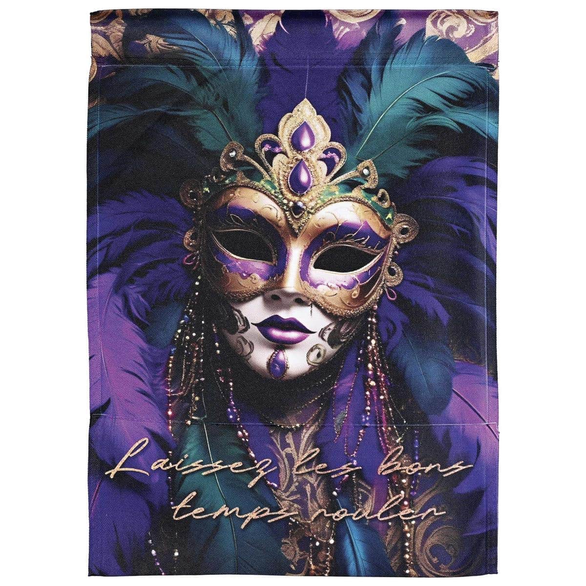 Outdoor Laissez Les Bons Temps Rouler printed Mardi Gras party flag in purple green and gold hanging from a porch pole, ready for parade or party display