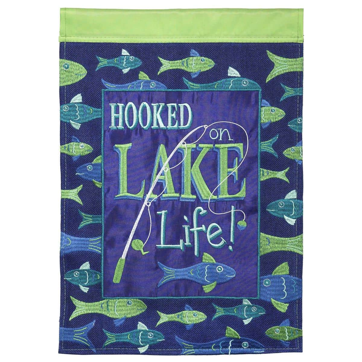 13x18 Wtrfrnt-Lake double applique burlap garden flag depicting a tranquil lake scene with dock, trees, and sunset tones for porch or garden display.