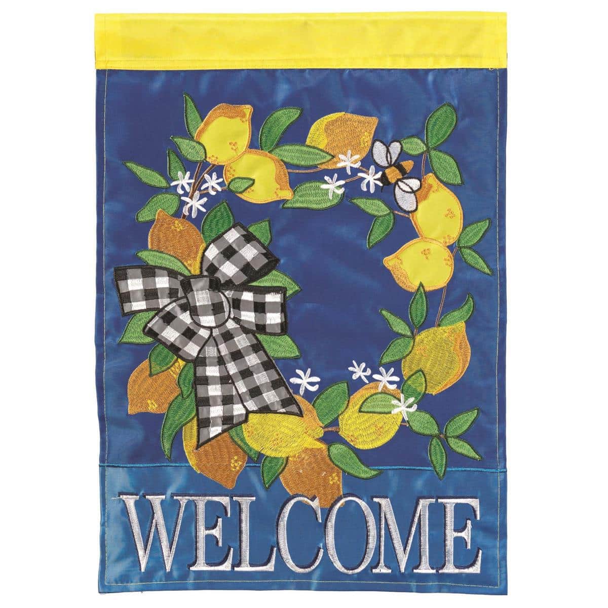 13x18 Lemon Welcome double applique garden flag showing bright lemon graphics and "Welcome" script on green foliage background hung on a metal garden flag stand.