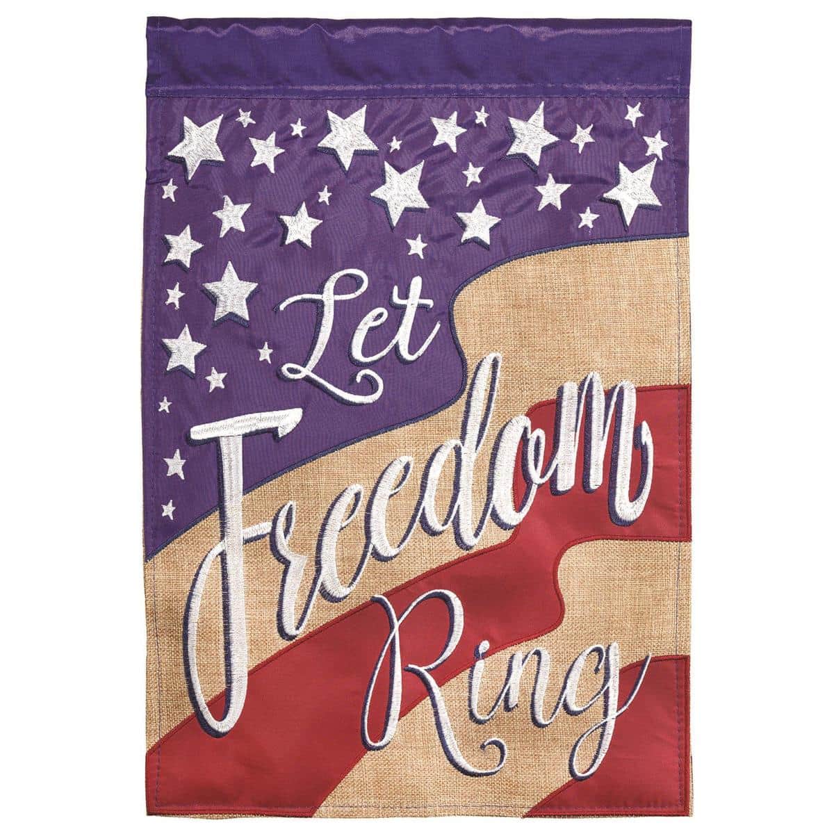 Patriotic 13x18 garden flag with Let Freedom Ring text on rustic burlap, double applique stars and stripes look, for outdoor display on standard stands.
