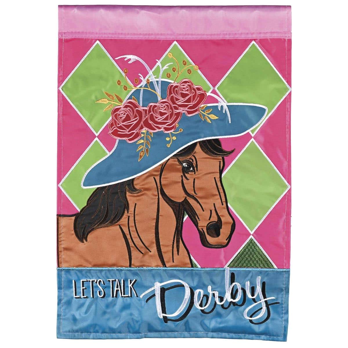 Alt text: Double applique decorative flag reading Let Us Talk Derby with layered fabric accents and derby-themed motifs ready for porch or event display.