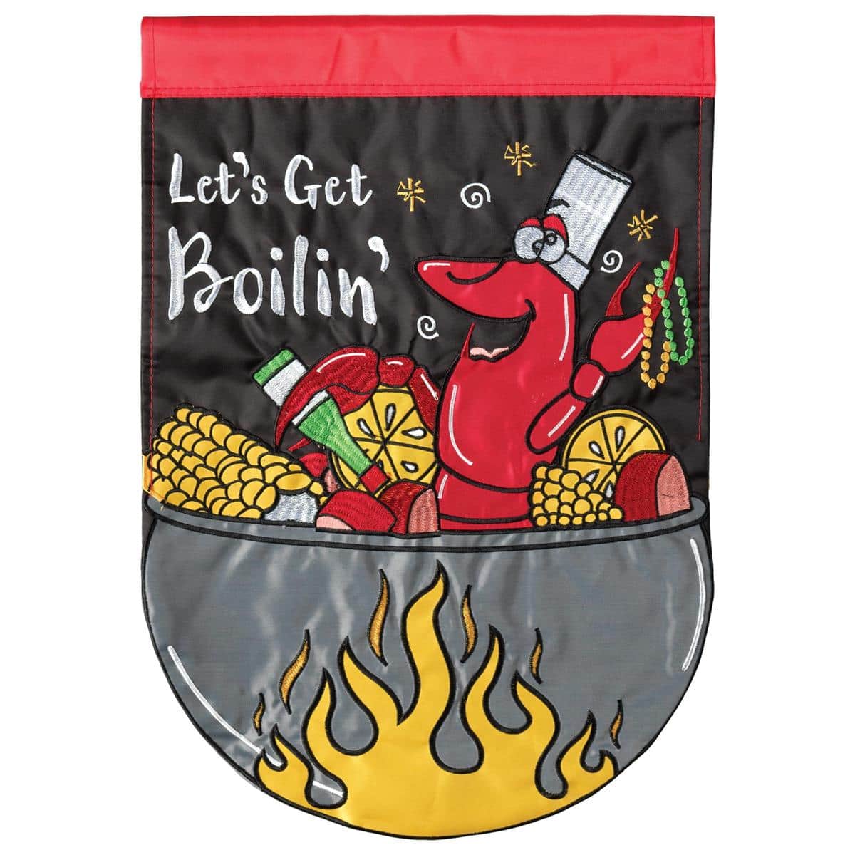 Lets Get Boiling 29x42 double applique banner flag with LA-Food boil theme, layered stitching and bold lettering, outdoor display on a porch banner pole