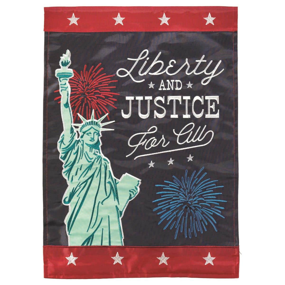 Close-up photo of the Liberty Justice For All 13x18 double applique garden flag showing layered stars, stripes, and bold 'Justice For All' lettering in red, white, and blue fabric with visible stitching and pole sleeve.
