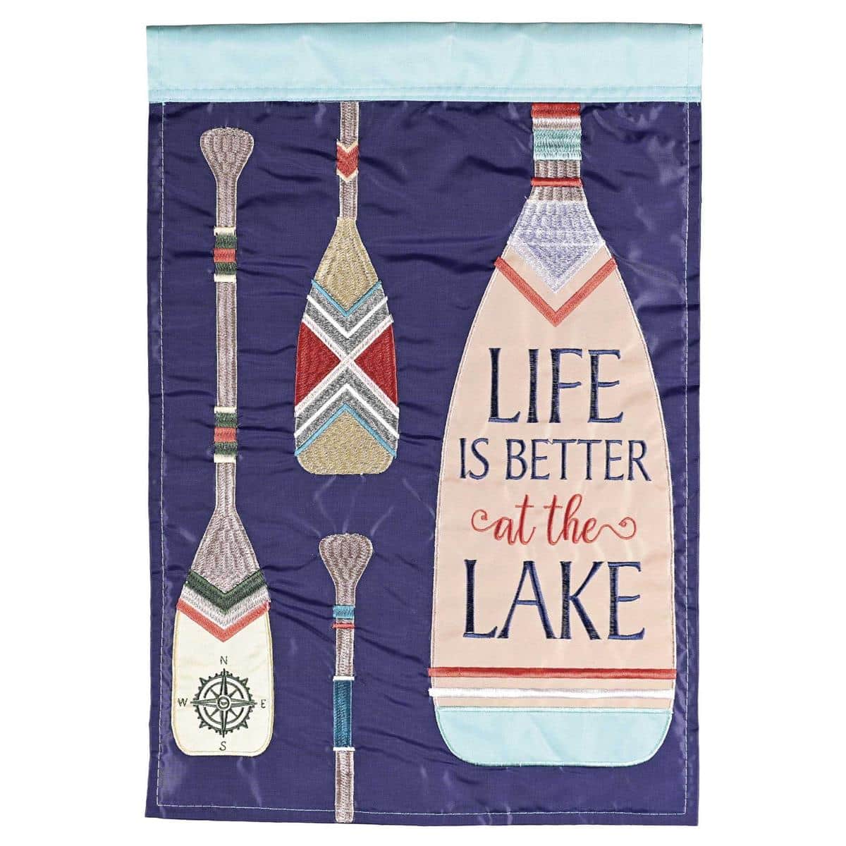 13x18 Life Is Better At The Lake garden flag double applique waterfront scene with dock, canoe, shoreline, and bold lettering.