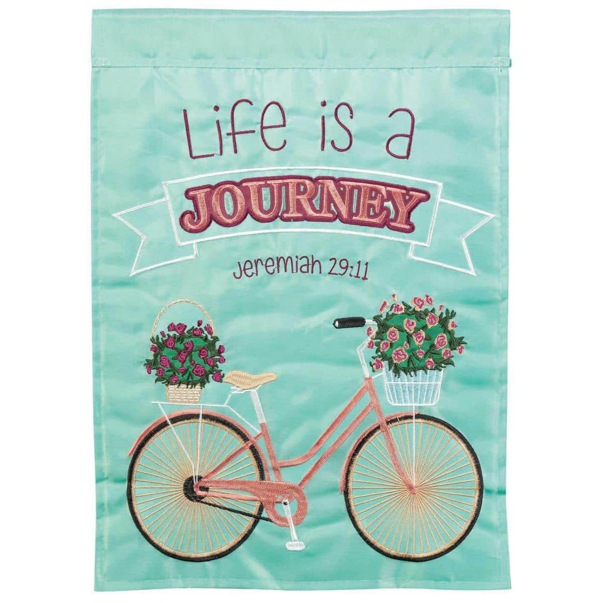 13x18 garden flag showing the scripture Life Is Jer 29:11 in layered double applique with embroidered highlights on a neutral background, hanging from a small garden flag stand.