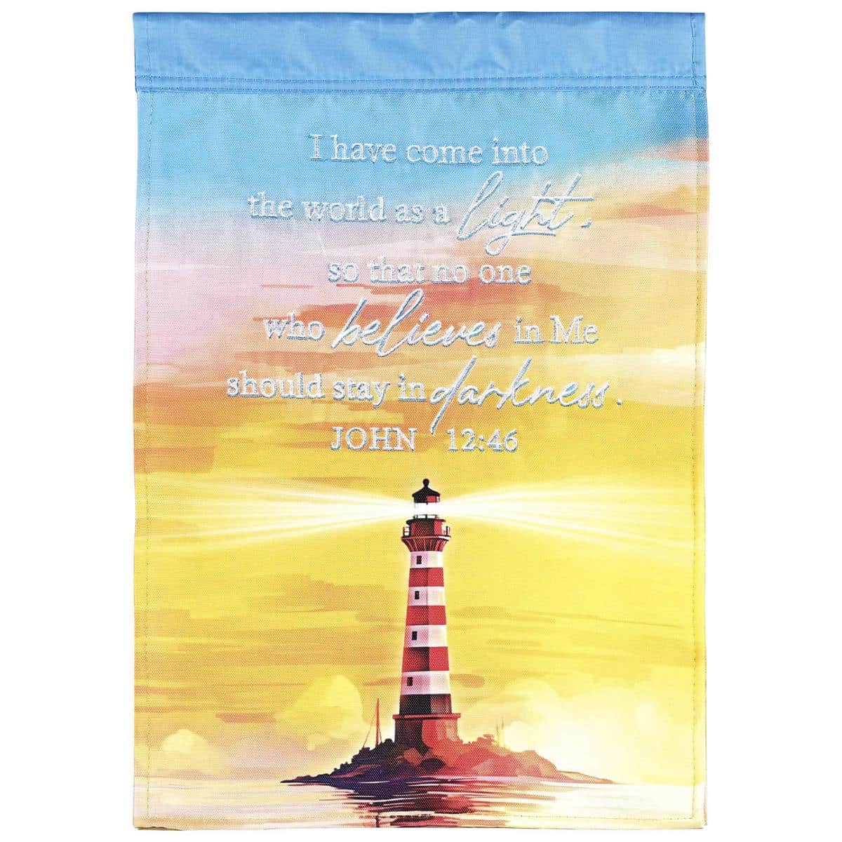 Lighthouse garden flag with John 12:46 scripture in layered double-applique design, sized 13x18 for outdoor garden pole display