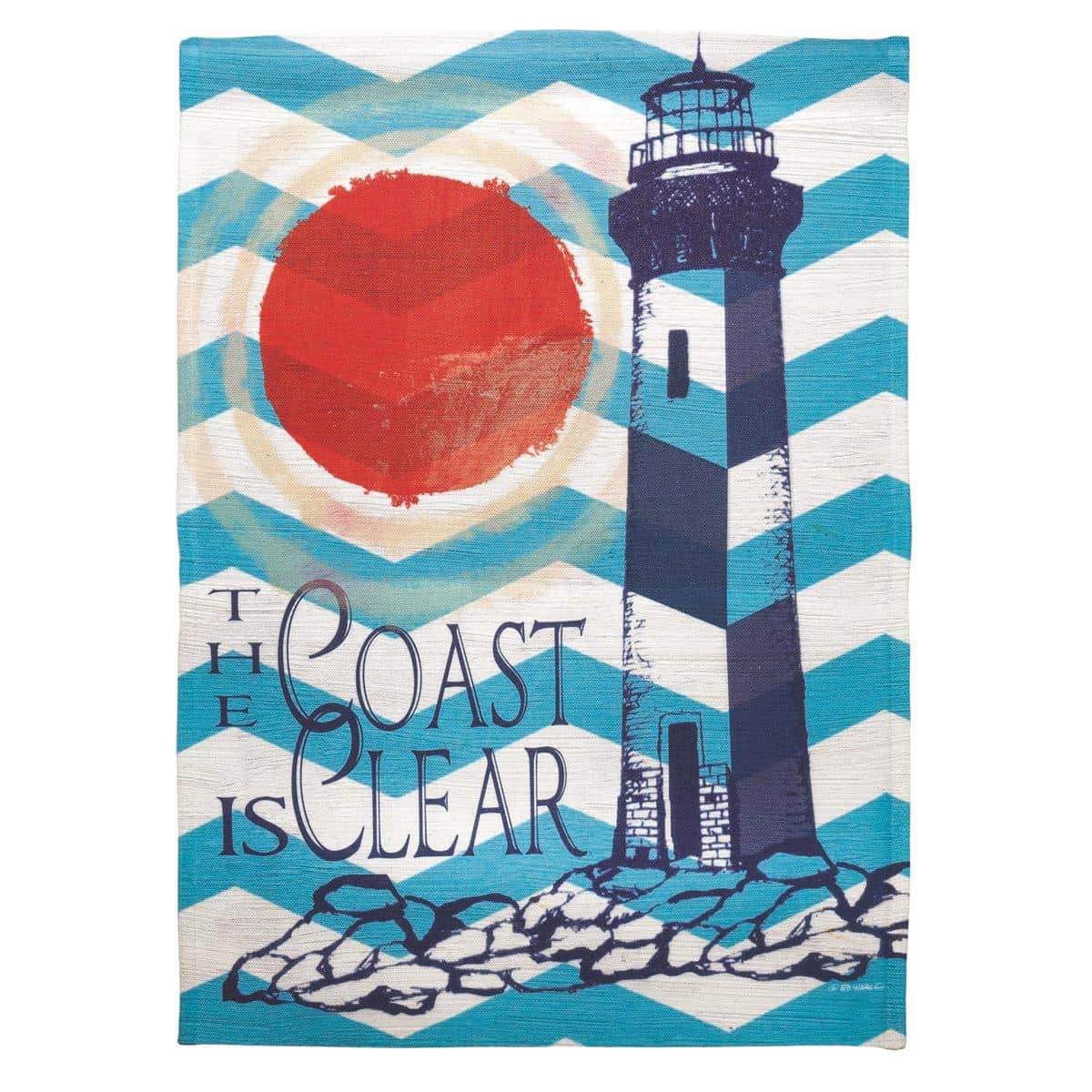 Alt text for main product image: 30x44 printed lighthouse coastal banner flag displayed on a porch pole with waves, cliffs, and lighthouse silhouette in nautical colors.