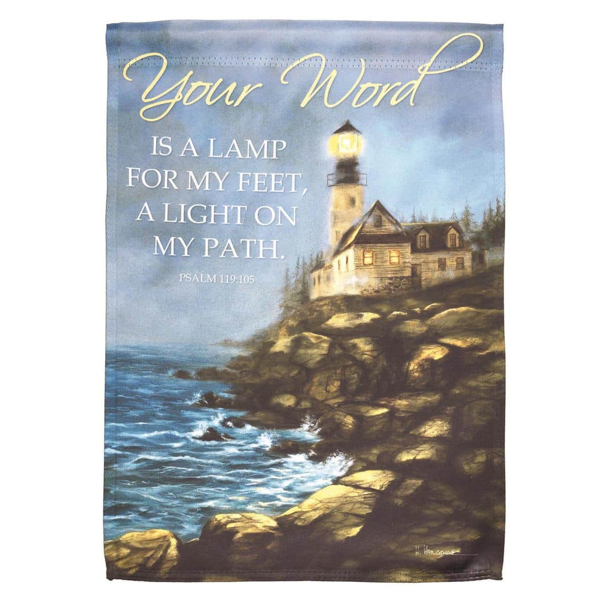 13x18 lighthouse garden flag featuring a printed coastal scene with space for a custom word or name, shown on a metal garden flag stand - perfect for porch or path decor.