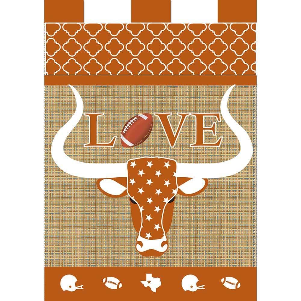 Close up of a 13x18 Longhorn Football double applique garden flag showing the stitched longhorn emblem in bold team colors, hanging on a metal garden flag stand in a yard.