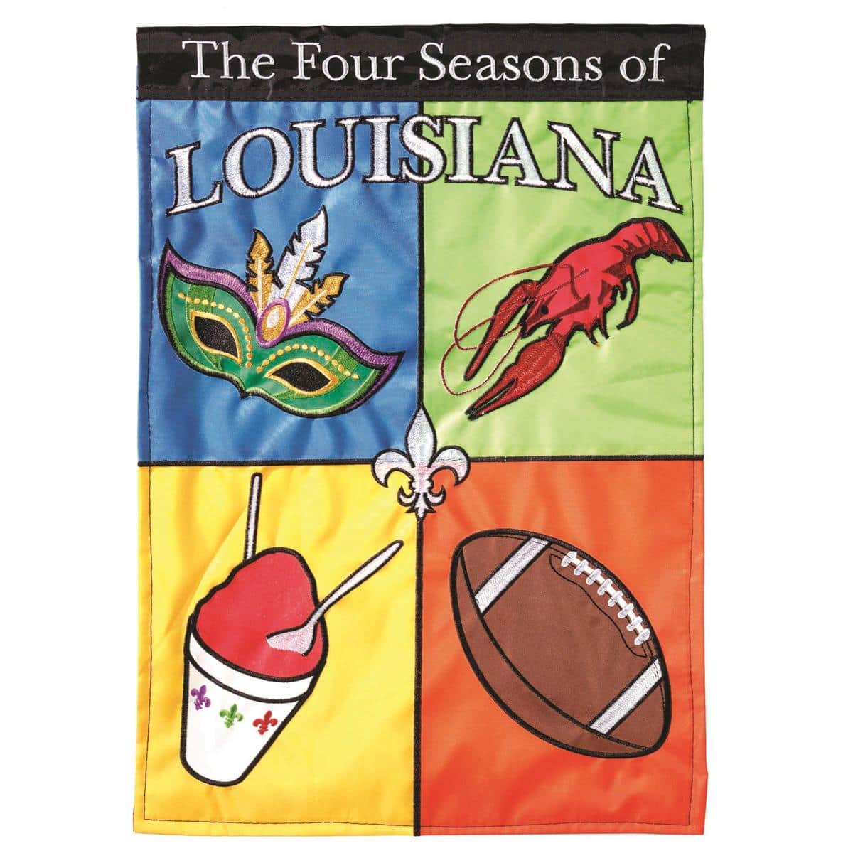 13x18 Louisiana 4 Seasons garden flag double applique with state silhouette and seasonal panels in bold colors shown on a metal garden pole outside a front porch