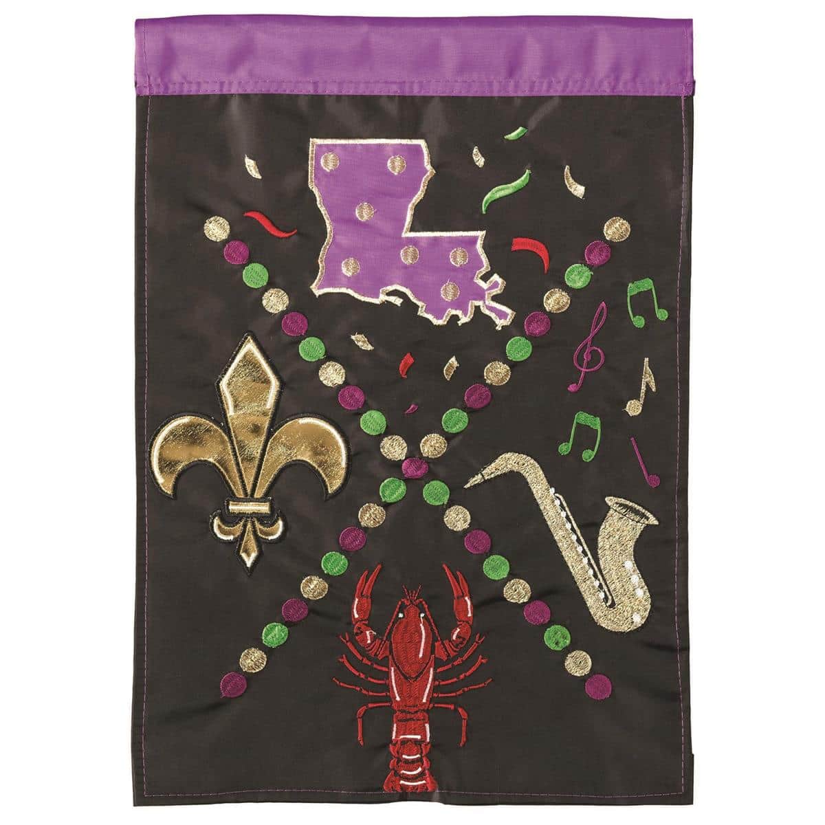 Double applique Louisiana house banner flag with fleur-de-lis accents and pelican motif, 29x42 inches, UV resistant polyester, two sided design, top sleeve for pole.