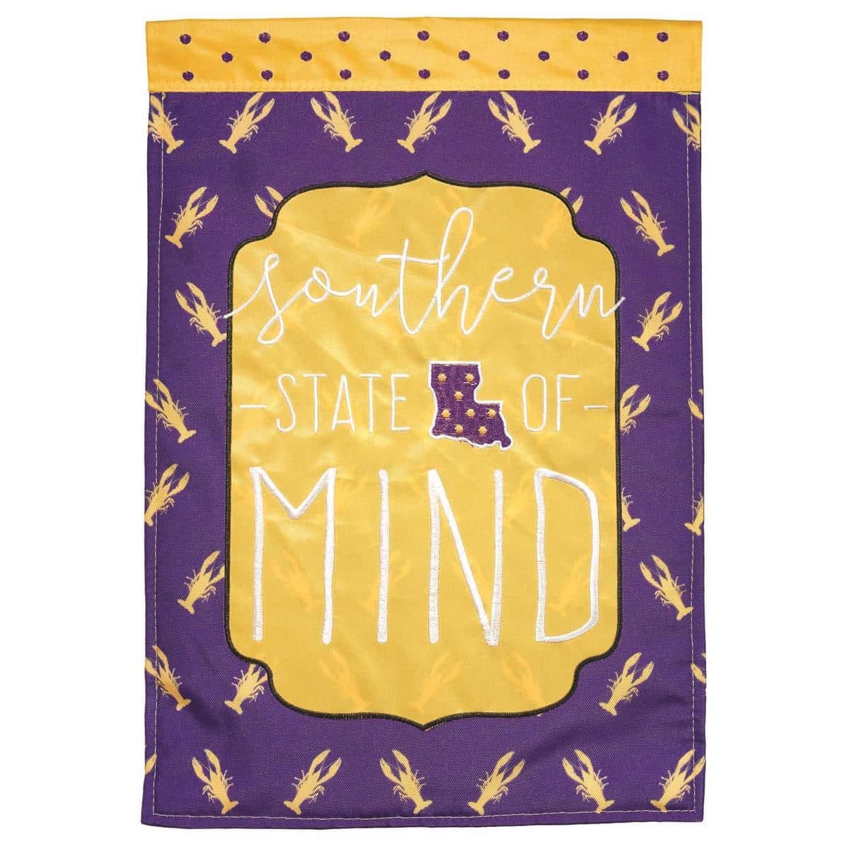Double applique 29x42 Louisiana State Of Mind banner flag showing colorful state map, pelican emblem, and fleur-de-lis layered applique on durable outdoor polyester material