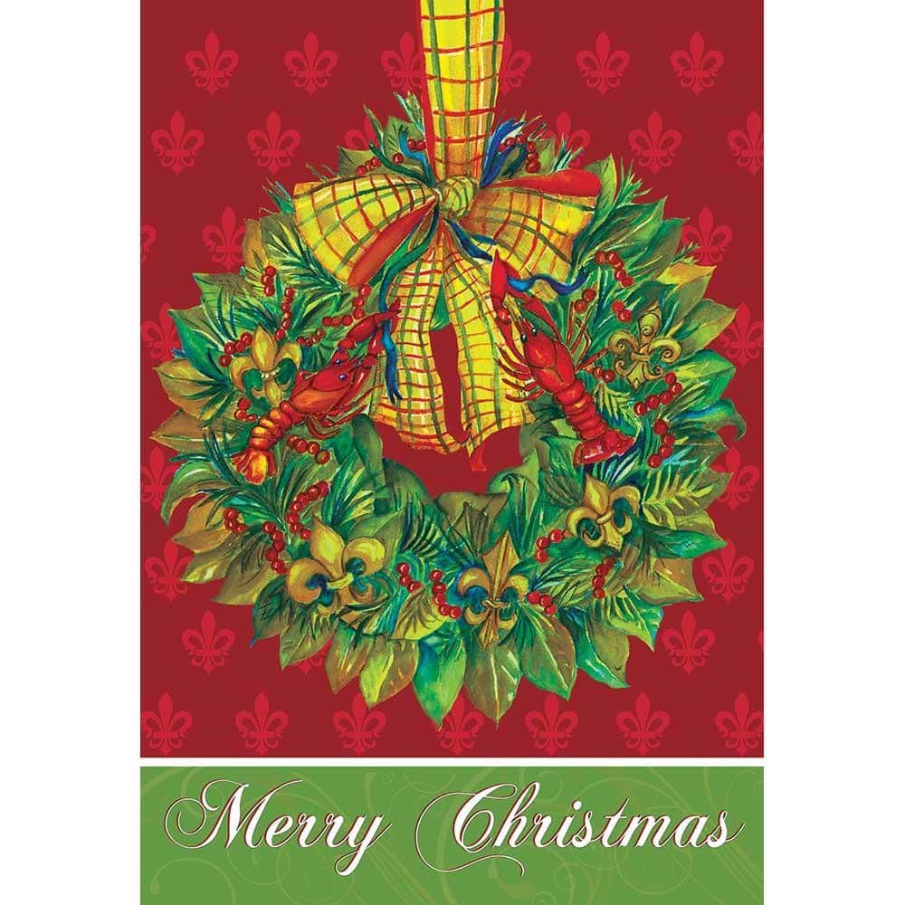 30x44 Louisiana wreath banner flag printed Christmas design on fabric, displayed on a porch with holiday greenery and subtle state emblem details for seasonal curb appeal.