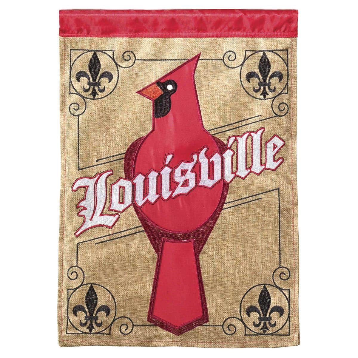 29x42 Louisville Cardinal double applique banner flag showing cardinal logo and bold red and black team colors for game day display on a porch, tailgate, dormitory window, or fan cave wall; double-layer applique provides textured detail.
