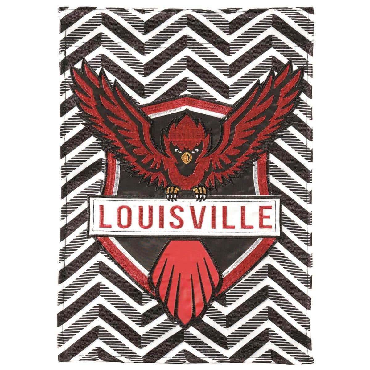 13x18 Louisville Cardinals chevron garden flag with bold cardinal red and black team emblem, double-applique texture, and sewn pole sleeve displayed on a lawn flag stand.