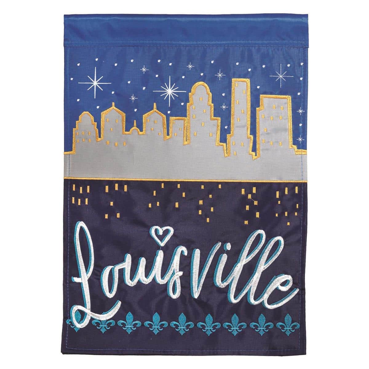 13x18 Louisville Skyline Garden Flag double applique showing a bold Louisville skyline silhouette in layered fabric with reinforced sleeve and clear city motif for outdoor garden display