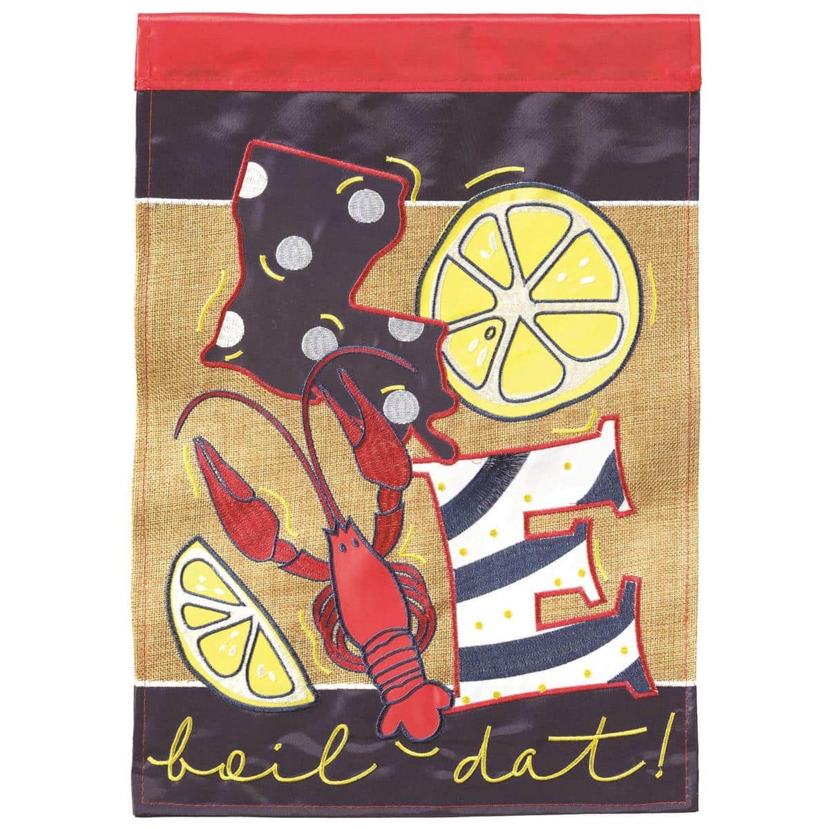 Close-up of Love Boil Dat! 13x18 burlap garden flag showing double applique lettering and boil-themed graphics on a natural burlap background with stitched edges.