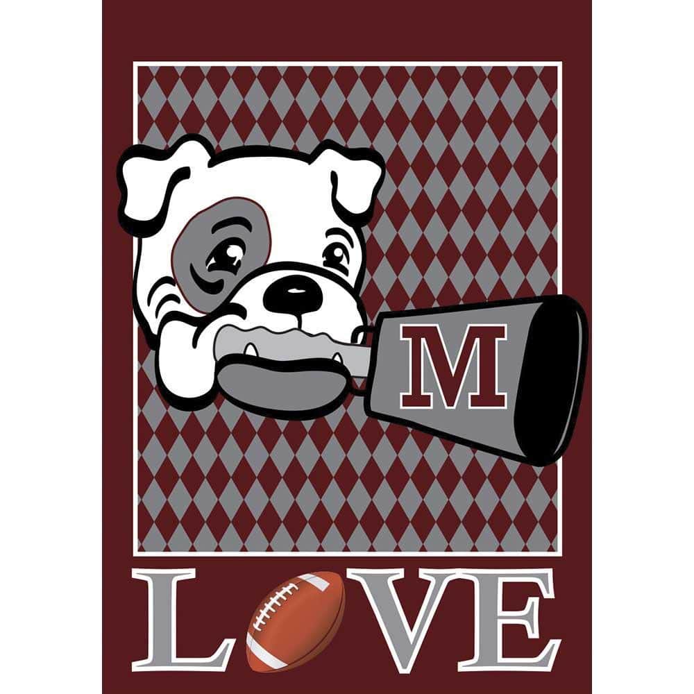 Love Bulldogs 29x42 double applique house banner flag with bulldog graphic and LOVE lettering, two sided design, pole sleeve and tab for standard house flagpole