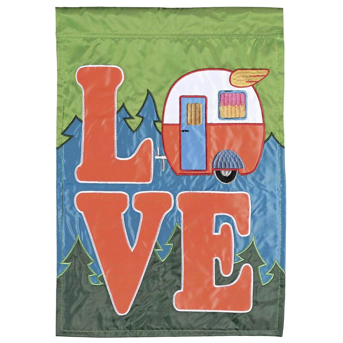 Main product image alt text: Close-up view of Love Camper 13x18 garden flag showing double applique camper and heart with stitched edges, vibrant colors and reinforced pole sleeve for outdoor display.
