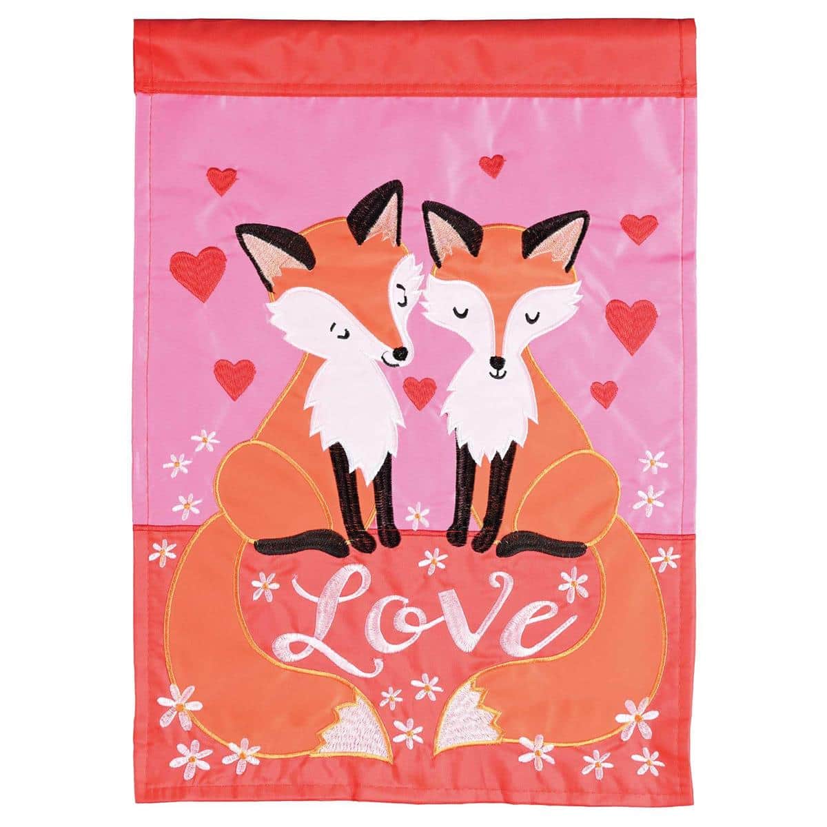 Garden flag 13x18 displaying two affectionate foxes with heart motifs and floral accents in a double applique Valentine's design, ideal for porch or yard display.