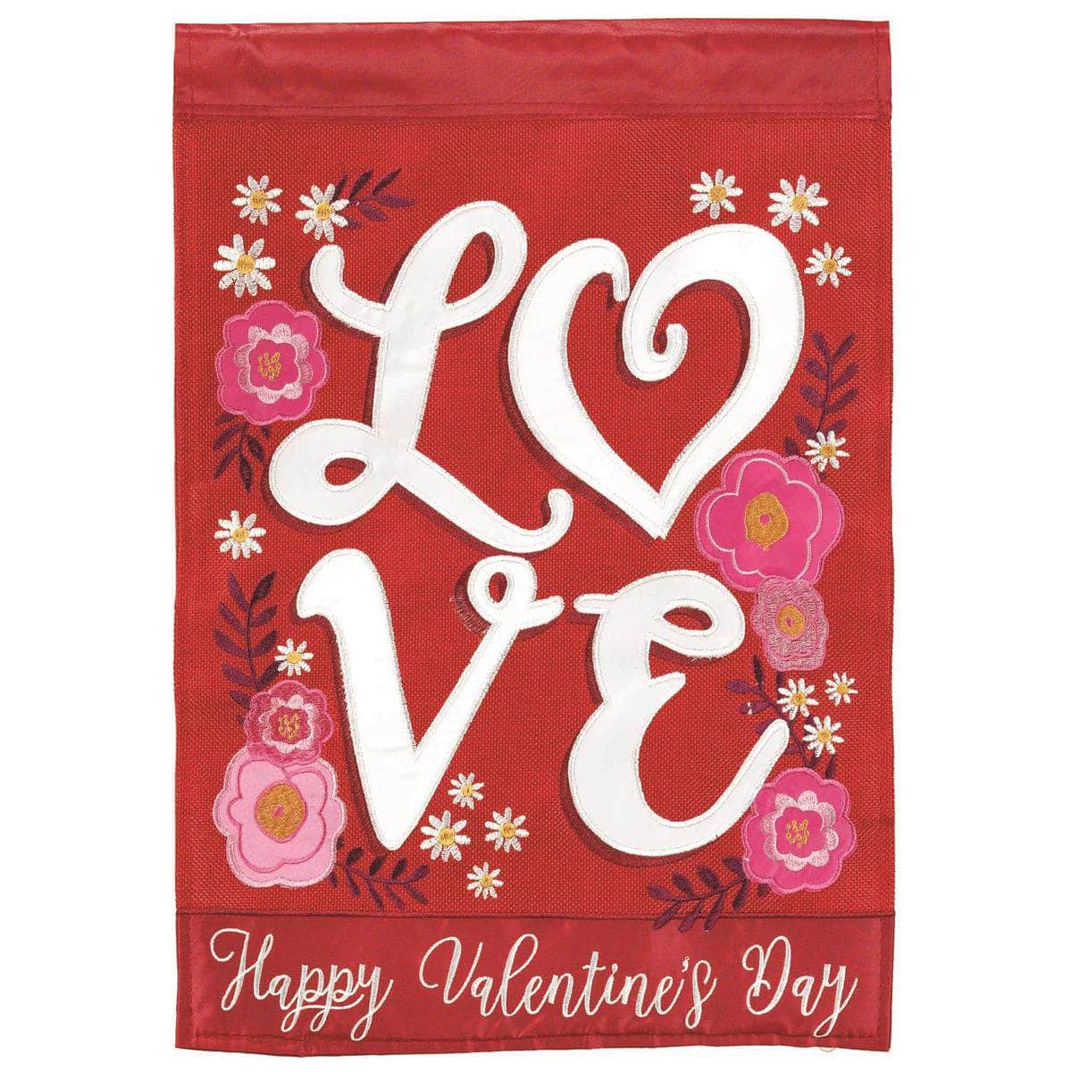 Love Happy Valentine Day flag with vibrant design, intricate embroidery, and durable construction for Valentine’s Day outdoor decor.