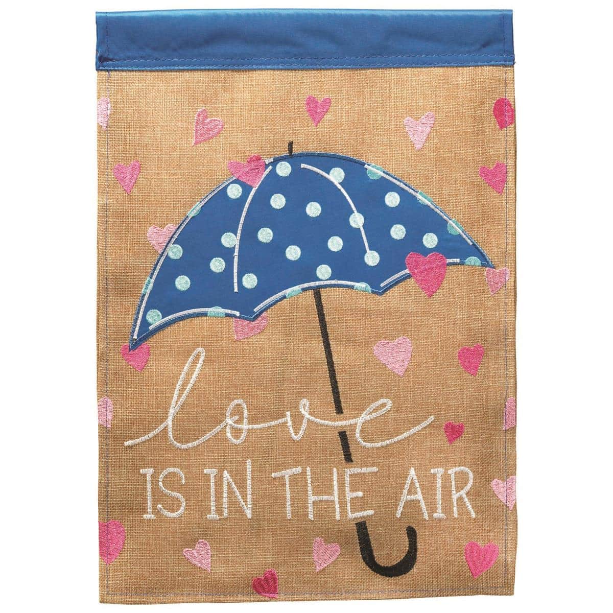 13x18 Love Is In The Air Burlap Garden Flag with double applique hearts and rustic burlap texture for Valentine's porch display