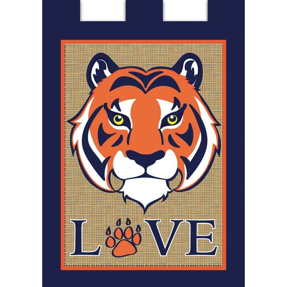 Closeup of Love Orange Blue 29x42 double applique banner flag showing stitched heart motif and bold orange and blue team colors displayed on a porch arm.