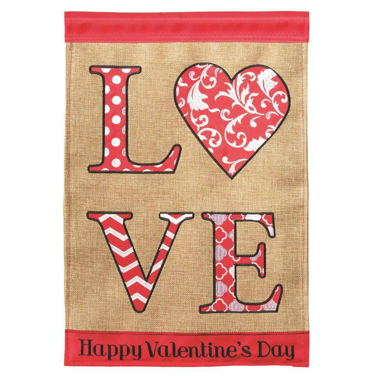 Love Valentine's Day Garden Flag with double-thickness design, intricate applique stitching, and durable nylon construction for romantic outdoor décor.