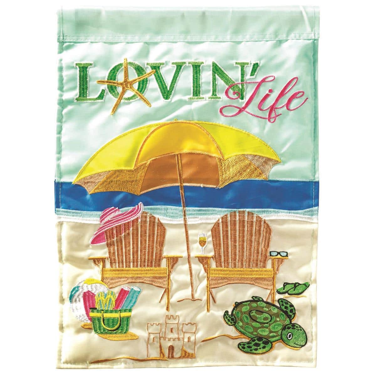 13x18 Lovin Life Beach Chair double applique garden flag showing a colorful striped beach chair and umbrella with sand and shell accents on a bright coastal background, displayed on a small garden flag stand.