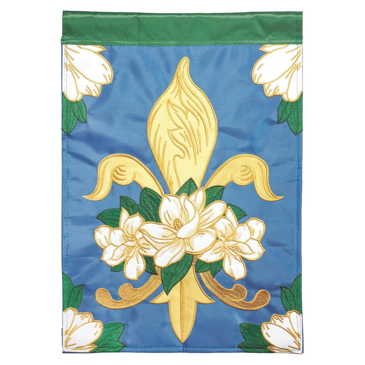 Small 13x18 garden flag featuring a layered white magnolia blossom and gold fleur-de-lis on a navy background with green leaves and a stitched decorative border, showing double applique detail