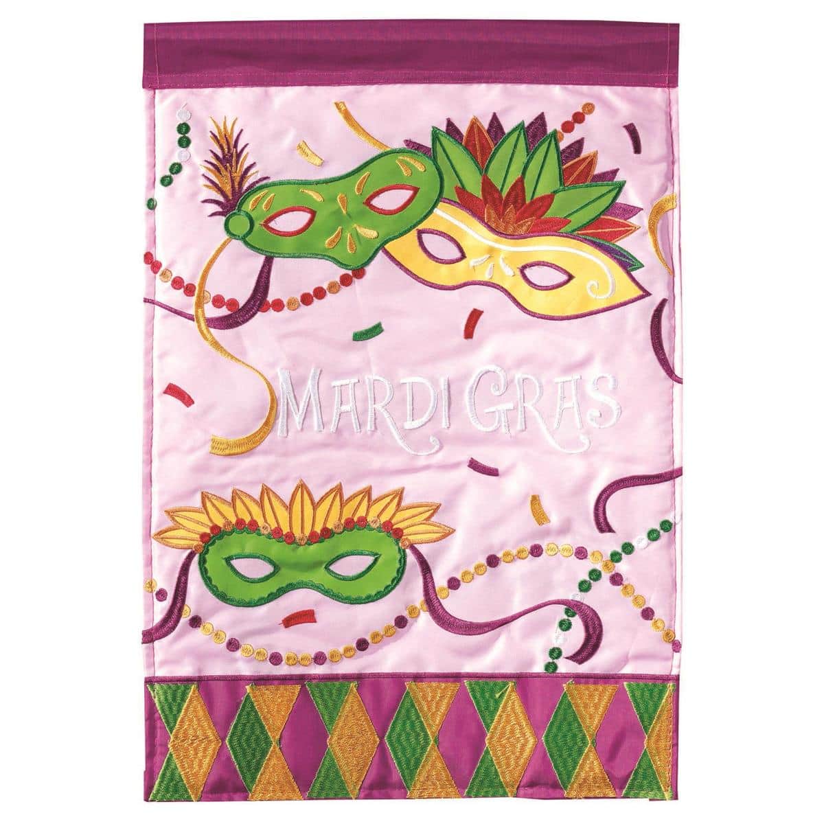29x42 Mardi Gras beads double applique banner flag in purple, green, and gold, hanging on a house pole with layered fabric details and reinforced stitching