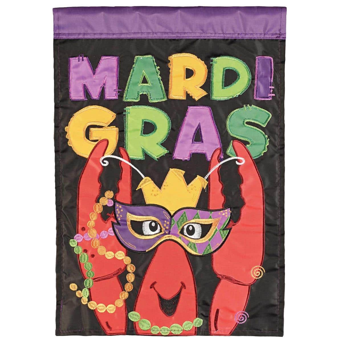 Double applique Mardi Gras banner flag featuring a crawfish wearing a decorative mask and beads in purple, green, and gold on a 29 by 42 inch polyester background for outdoor display.