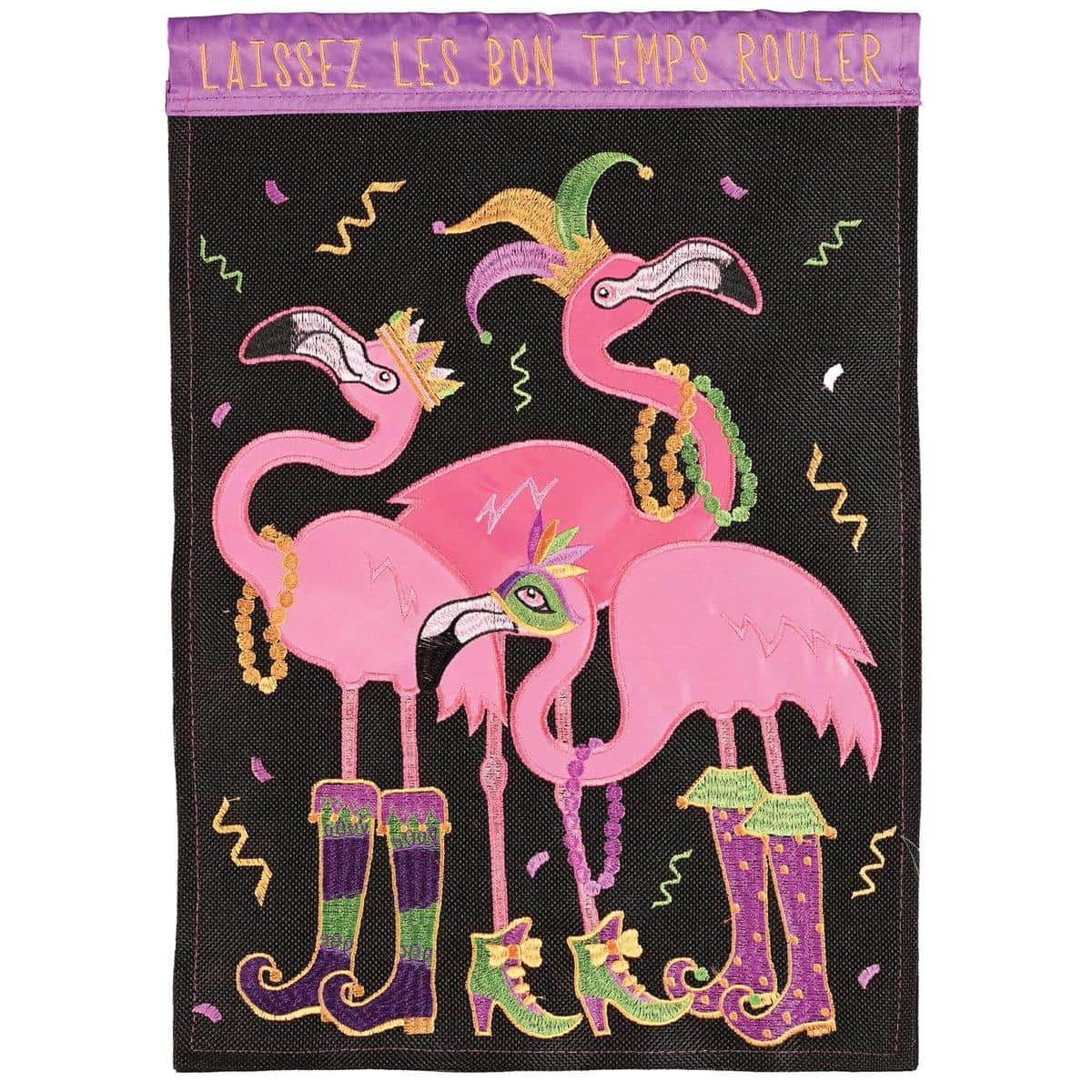 13x18 Mardi Gras flamingo garden flag with purple green gold colors, double applique flamingos wearing masks and beads, festive yard flag for porch or planter.