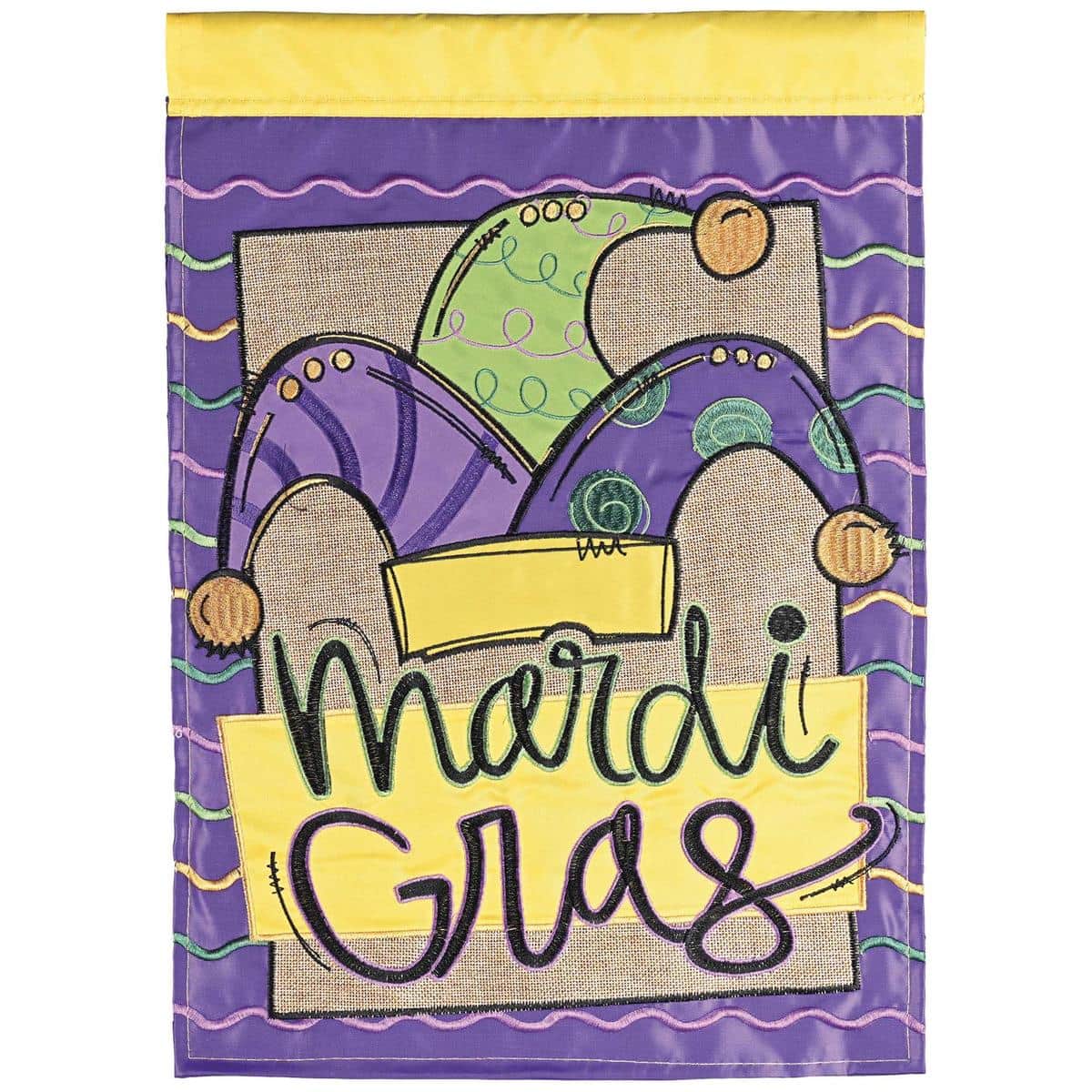 Mardi Gras jester hat double applique 13x18 garden flag in purple, green, and gold, displayed on a front yard stand with festive harlequin details.