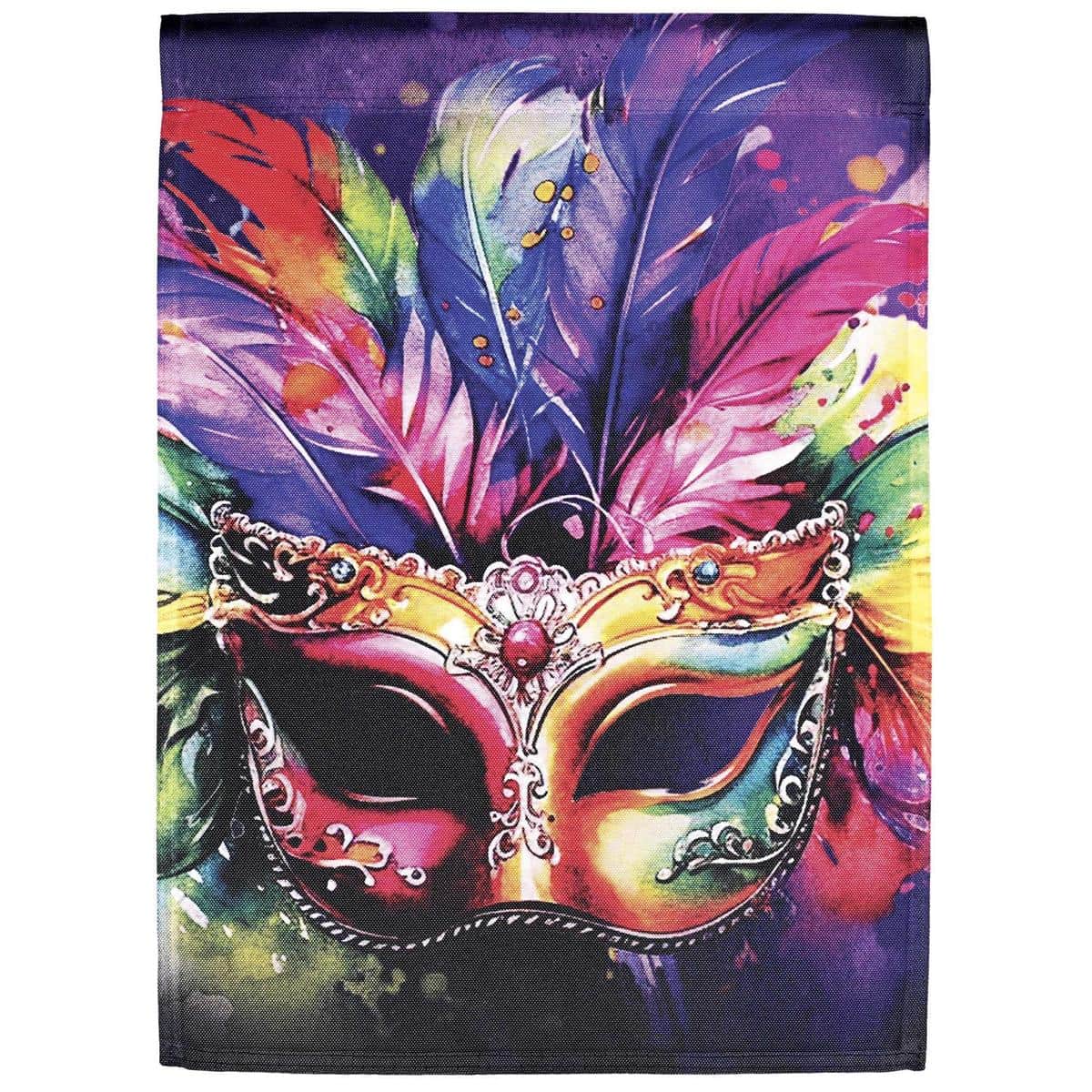 30x44 Mardi Gras mask banner flag printed in purple, green, and gold with beads and ornamental flourishes, shown hanging on a porch for a festive New Orleans themed display.