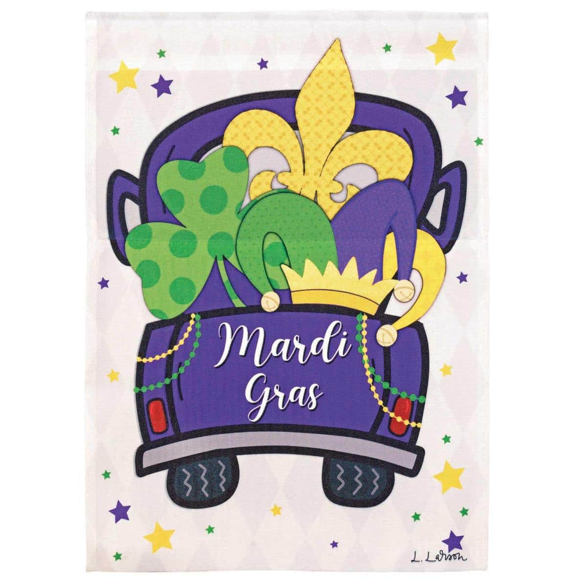 30x44 Mardi Gras truck banner flag showing a colorful truck full of beads, masks, and fleur-de-lis in purple, green and gold printed on heavy duty fabric for porch or event display.