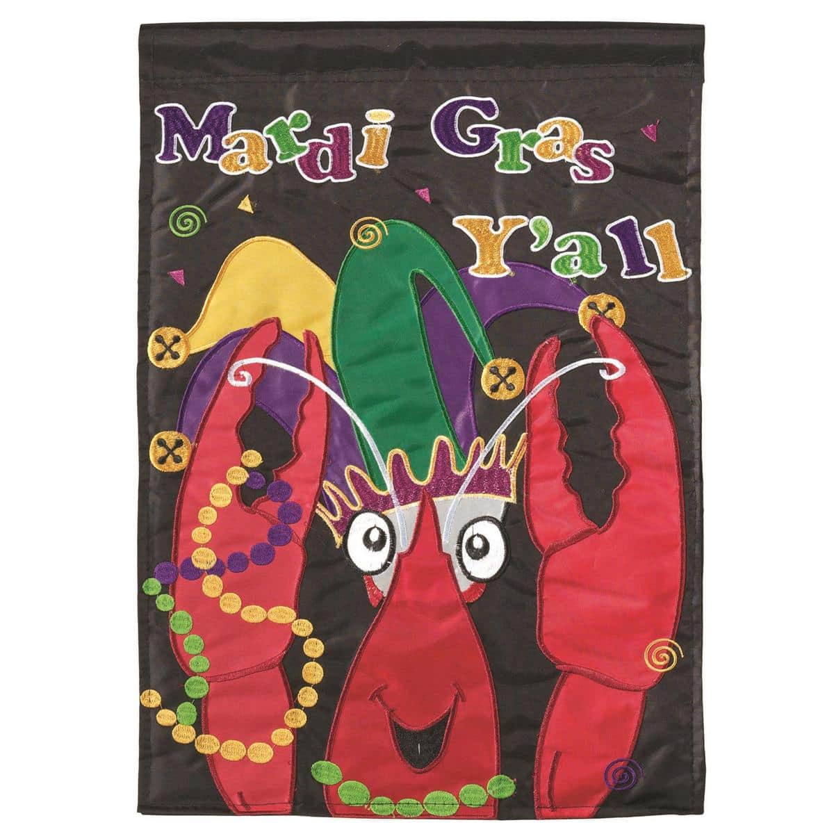 Front view of LA-MardiGras Yall Crawfish 29x42 double applique banner flag showing crawfish motif, fleur-de-lis accents, purple green and gold stripes, sewn pole sleeve and reinforced hem.