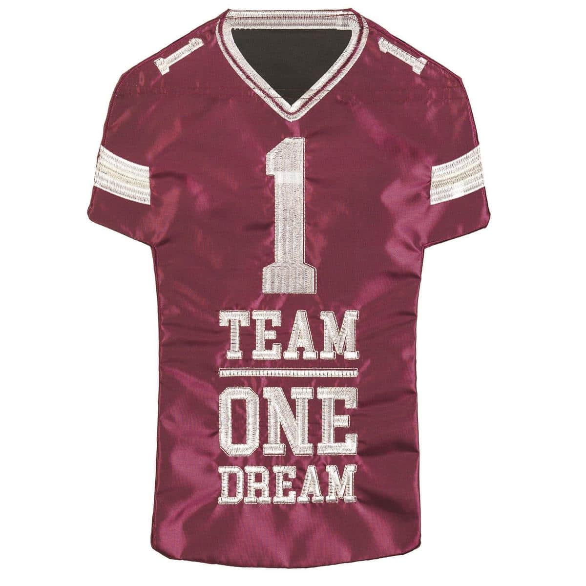 13x18 maroon and gray football jersey garden flag with double applique texture, showing jersey stripes and collar, displayed hanging from a garden flag pole on a front lawn