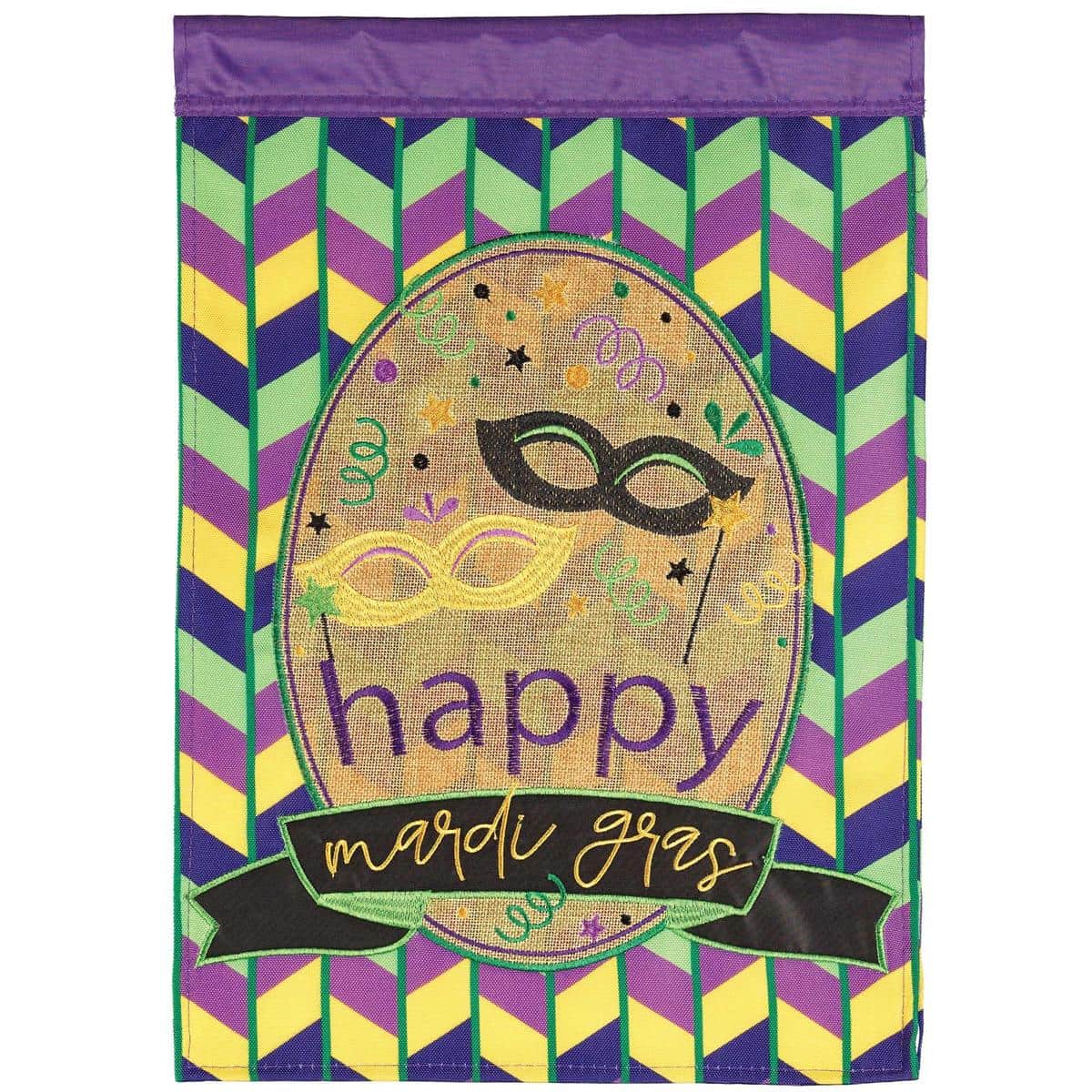 29x42 burlap Mardi Gras banner flag with happy mask design in purple, green and gold, double applique layered texture on a reinforced pole sleeve, ideal for porch or yard display.