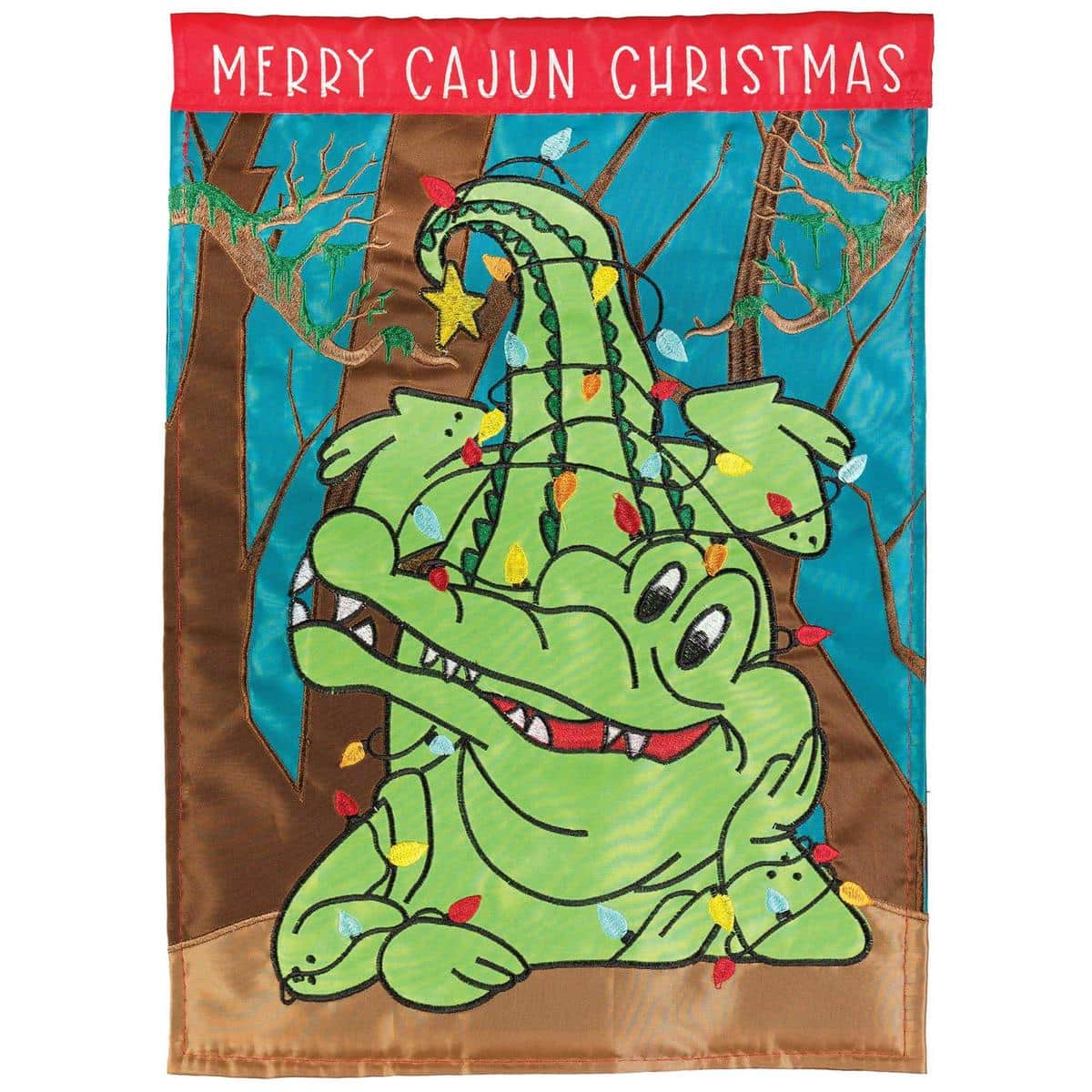 13x18 Merry Cajun Christmas garden flag showing double-applique Cajun motifs like fleur-de-lis, crawfish and festive lettering in rich holiday colors for porch or yard display.