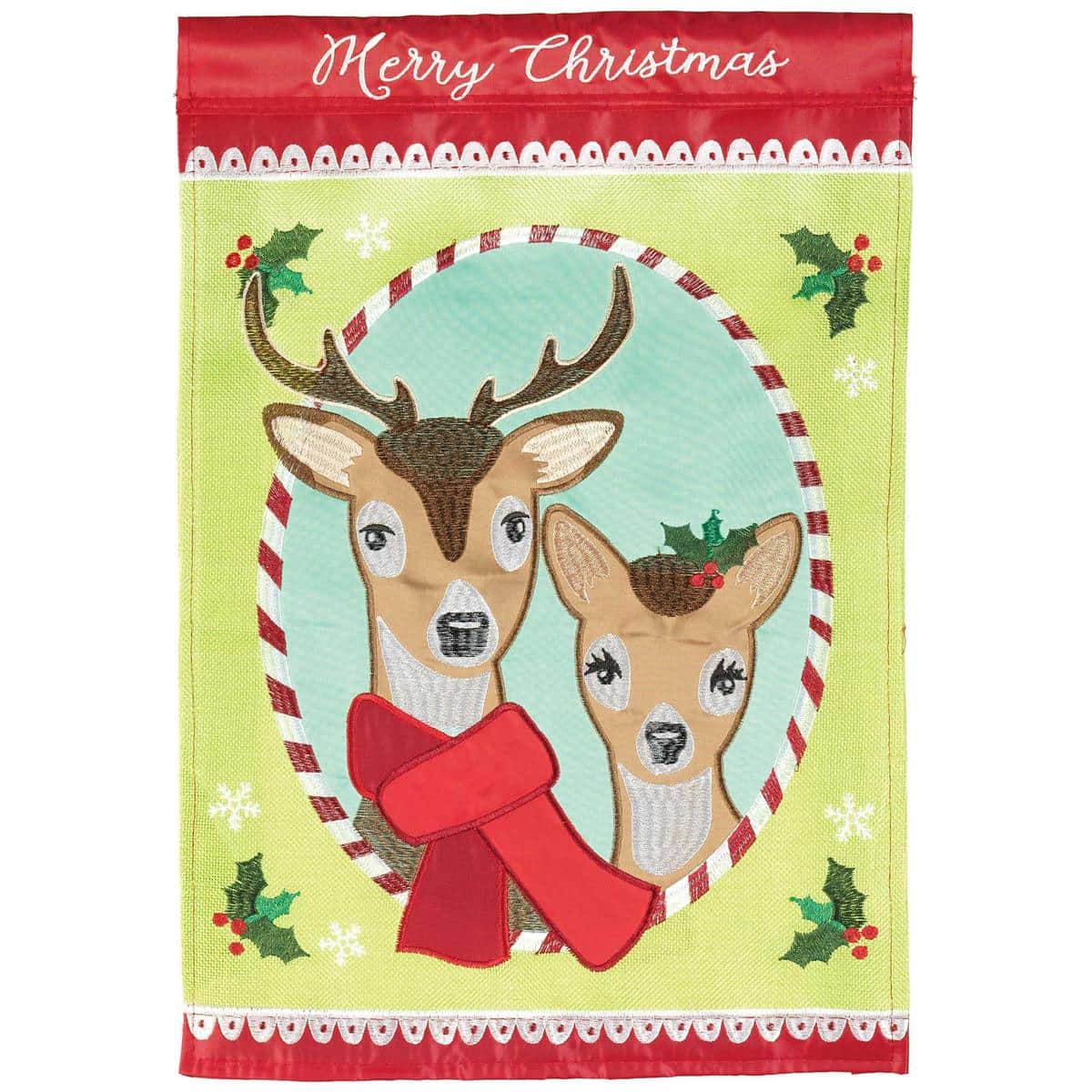 13x18 Merry Christmas Deer garden flag showing double applique deer, Merry Christmas lettering, layered fabric detail, stitched edges and seasonal color palette on outdoor display.