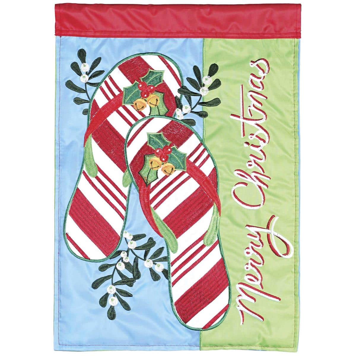 Double applique garden flag showing Merry Christmas Flip Flops with red and white candy cane stripes, Santa hat, holly accents, and snowflake details on a coastal holiday background.