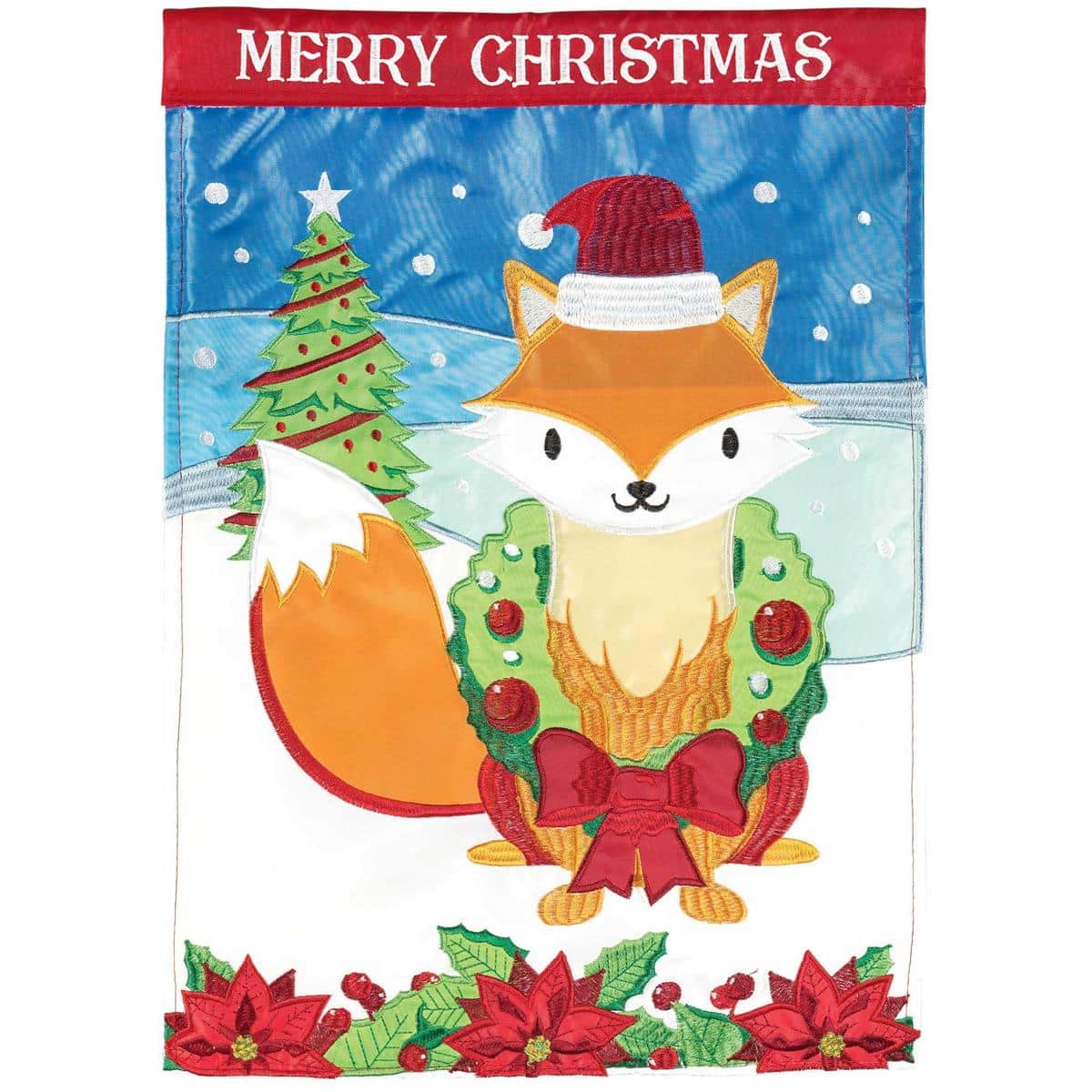 Merry Christmas Fox double applique 13 x 18 garden flag featuring scarfed fox, snowflakes, and holly, two-sided winter outdoor decor on durable polyester fabric