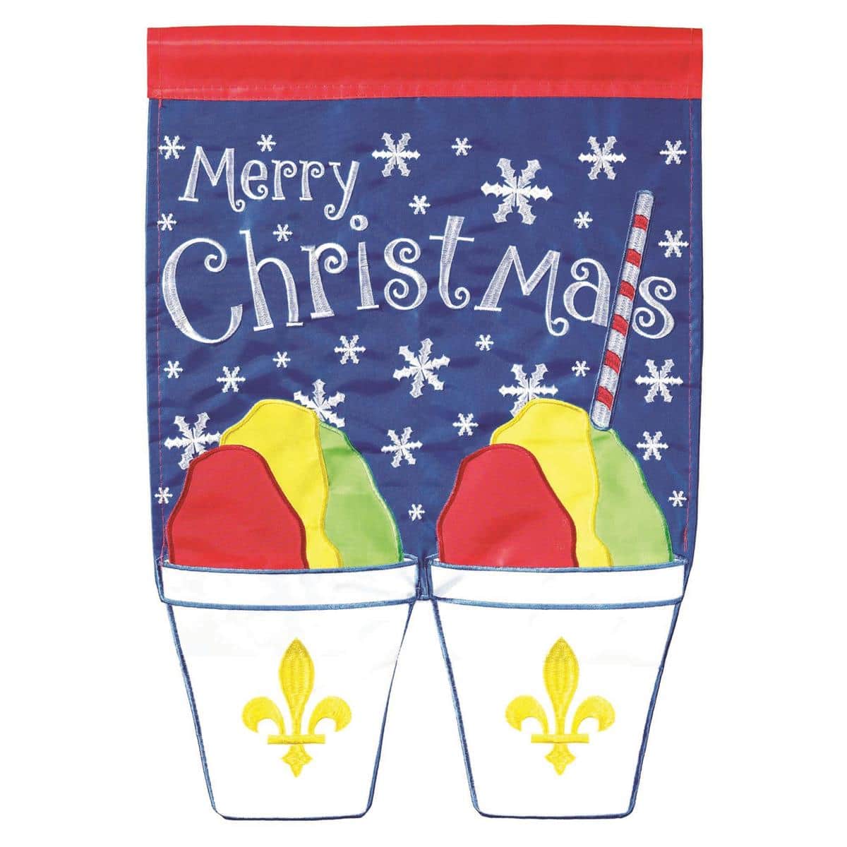 Merry Christmas Snoballs 13x18 garden flag showing playful snowball characters, festive script, holly accents, layered applique texture on a red and white holiday background.