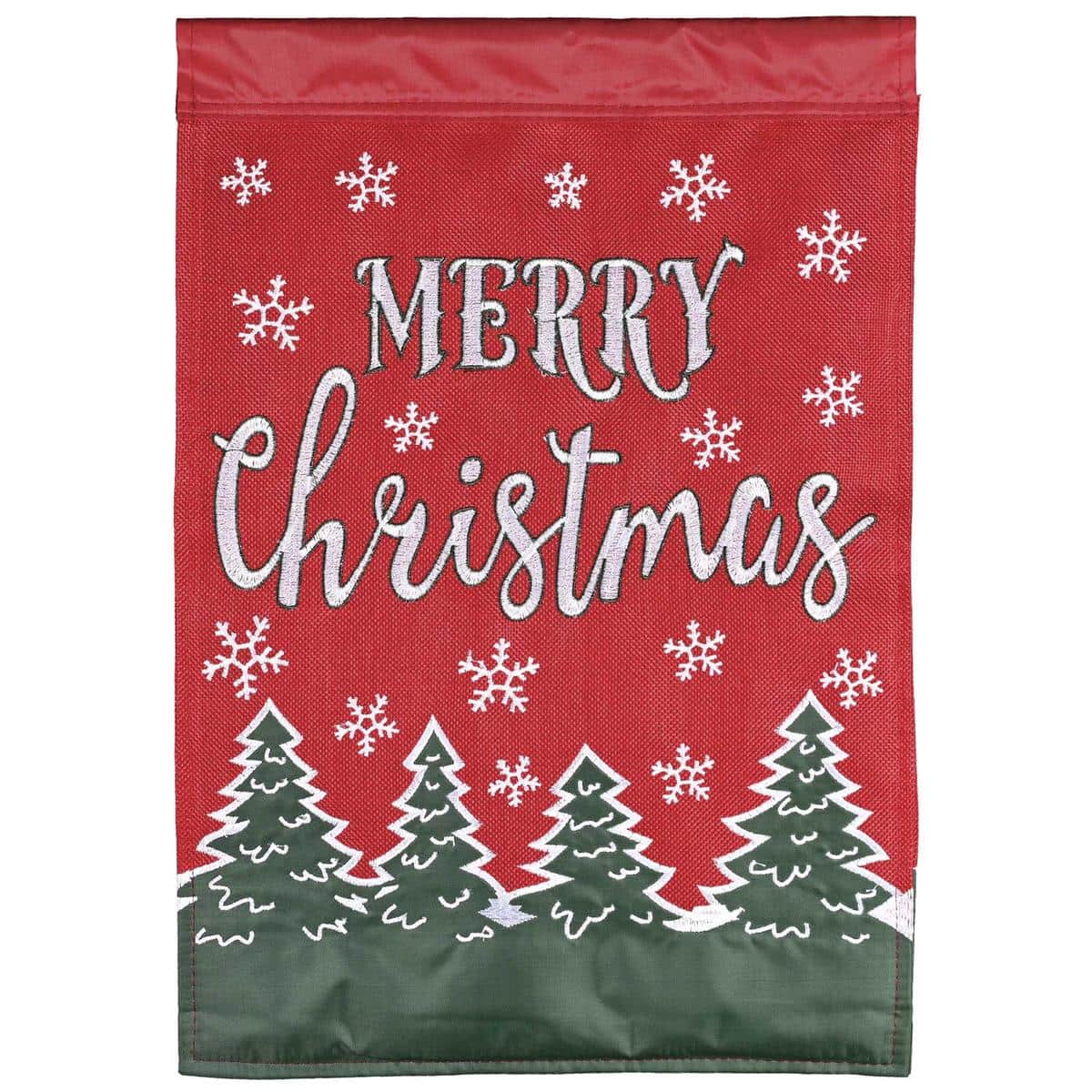 Double applique Merry Christmas Tree Flakes flag with layered green tree, white snowflakes, bold red backdrop, and top sleeve, hanging on a garden pole in winter light.