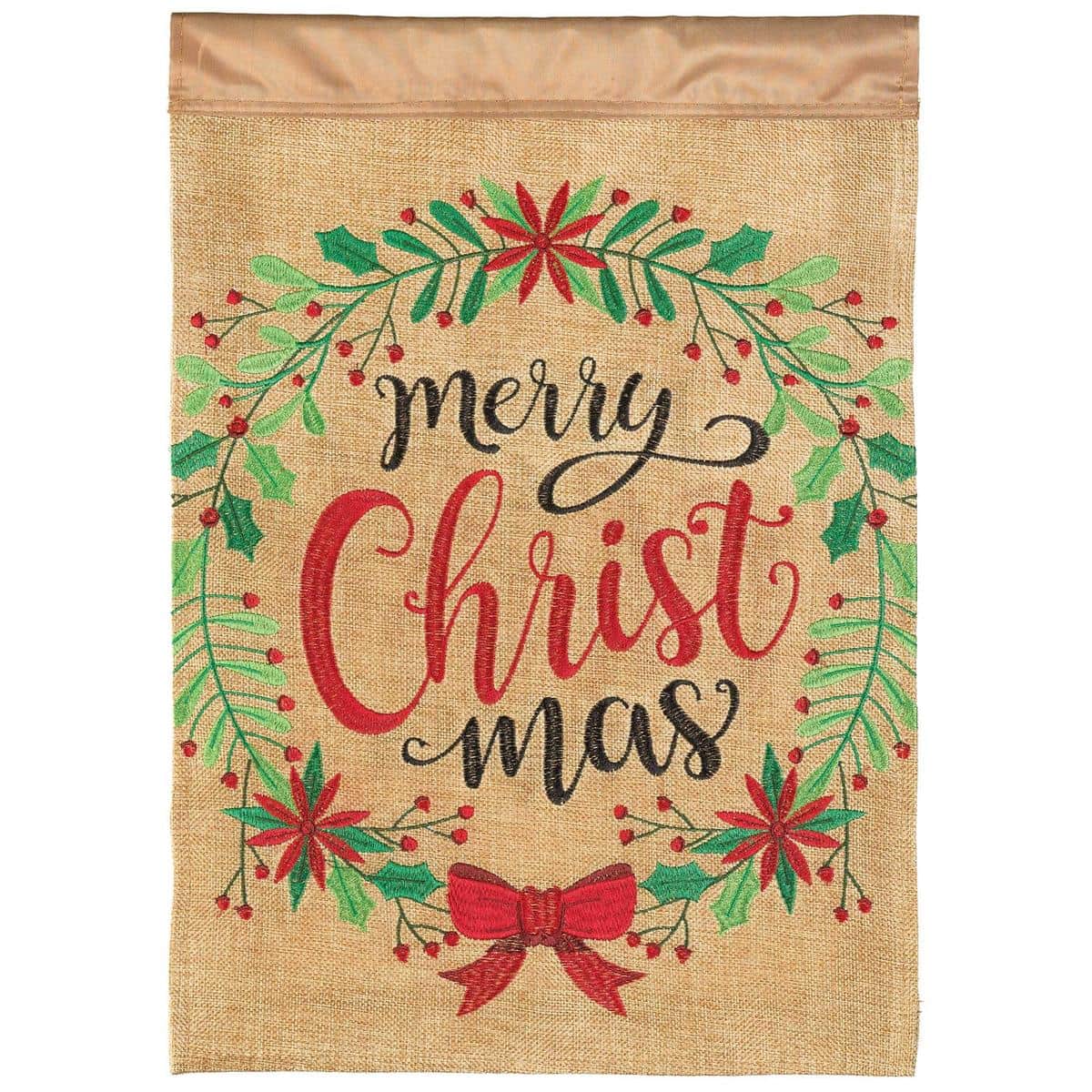 Double applique Merry Christmas wreath garden flag with red bow and evergreens, 13 x 18 inches, holiday yard decor, readable on both sides